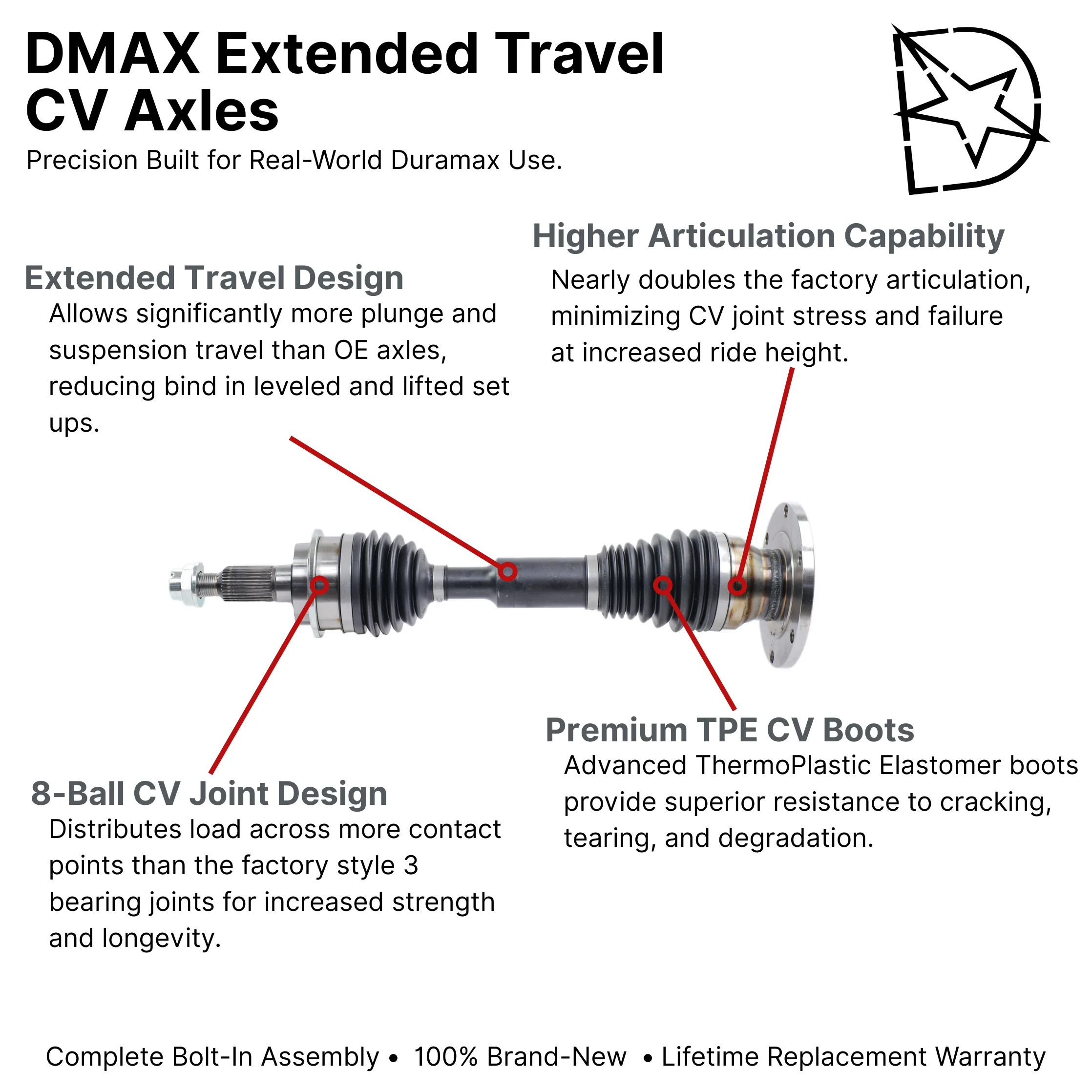 DMAX Extended Travel Front CV Axle Assembly, 2001-2010 LB7/LLY/LBZ/LMM - Image 2