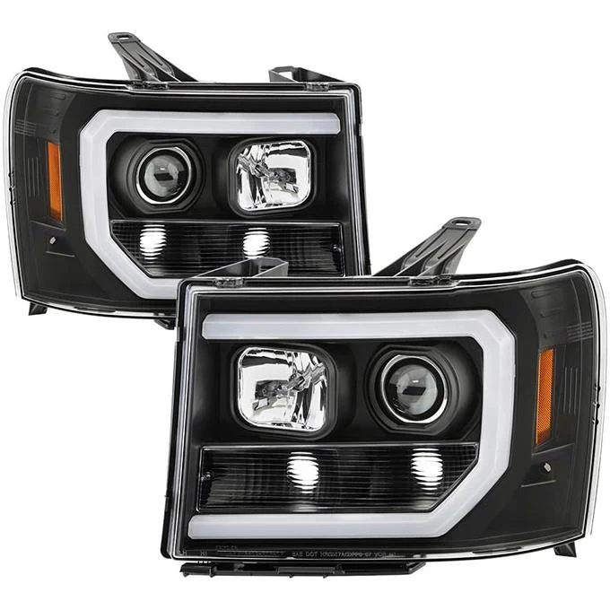Spyder Black Version 2 Projector Headlights With Light Bar DRL Sierra 2007.5-2014 LMM/LML
